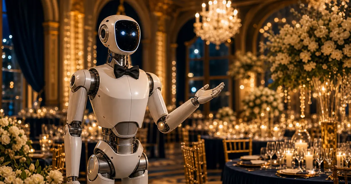 Şık bir düğün salonunda papyonlu insansı robot ve romantik dekor