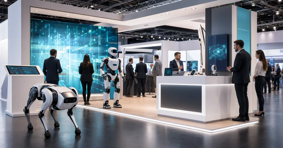 Fuar standında robotlar ve dijital ekranlarla teknoloji deneyimi