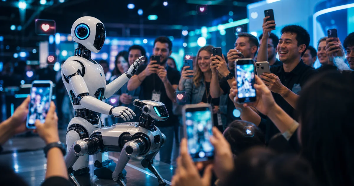 Etkinlikte robot köpek ve insansı robotu telefonlarıyla çeken kalabalık, sosyal medya için içerik üretimini gösteren premium kompozisyon