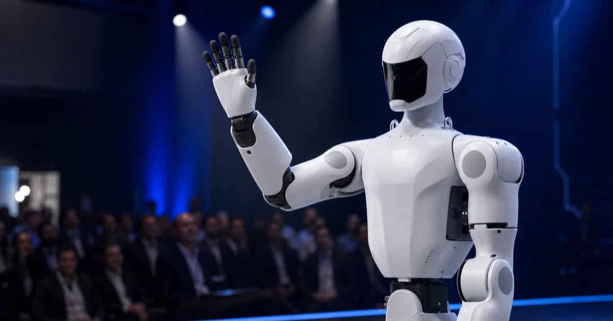 Unitree R1 kompakt insansı robot sahnede el kaldırmış jest yaparken, arkada izleyen kalabalık